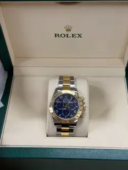 2012 MINT ROLEX DAYTONA 116523 BLUE ARABIC RED STEEL YELLOW GOLD TWO TONE WATCH