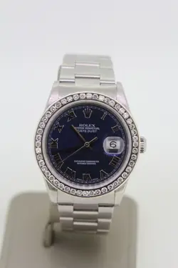 ROLEX DATEJUST BLUE DIAL DIAMOND BEZEL STEEL MENS WATCH 16200