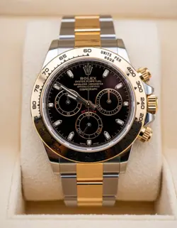 ROLEX DAYTONA W/ CARD TWO TONE BLACK DIAL YELLOW GOLD BEZEL OYSTER BAND 116503