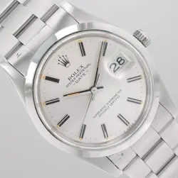 ROLEX DATE 34MM STEEL SILVER PATINA DIAL SMOOTH BEZEL OYSTER BRACELET 15200