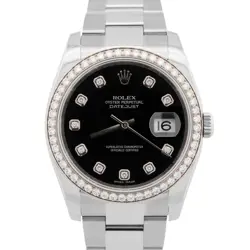 MINT ROLEX DATEJUST BLACK 36MM 18K DIAMOND BEZEL OYSTER STEEL WATCH 116244