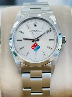 ROLEX AIR KING 14000 OYSTER PERPETUAL 34 DOMINO'S DIAL BOX AND PAPERS UNWORN