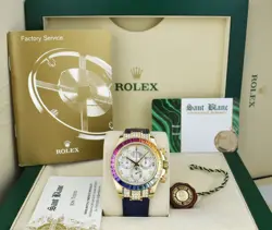 ROLEX 18KT GOLD DAYTONA MOP DIAL RAINBOW BEZEL BLUE ALLIGATOR - DIAMONDS 116518