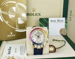 ROLEX 18kt Gold DAYTONA MOP Dial Rainbow Bezel Blue Alligator - Diamonds 116518