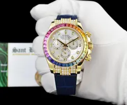 ROLEX 18kt Gold DAYTONA MOP Dial Rainbow Bezel Blue Alligator - Diamonds 116518
