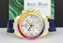 ROLEX 18kt Gold DAYTONA MOP Dial Rainbow Bezel Blue Alligator - Diamonds 116518