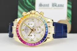 ROLEX 18kt Gold DAYTONA MOP Dial Rainbow Bezel Blue Alligator - Diamonds 116518