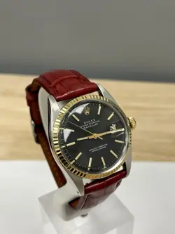 ROLEX DATEJUST TWO TONE BLACK DIAL 1601  ON AFTERMARKET LEATHER STRAP 36MM
