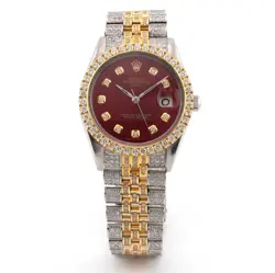 ROLEX 36MM DATEJUST ICED SS/10K YELLOW GOLD JUBLIE 12CTW DIAMOND RED DIAL WATCH
