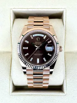 NEW 2025 ROLEX DAY-DATE 40MM 228235 ROSE GOLD CHOCOLATE BAGUETTE DIAL