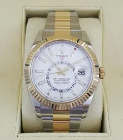 ROLEX SKY-DWELLER 326933 SS & 18K GOLD 42 MM WHITE DIAL WITH BOX & CARD