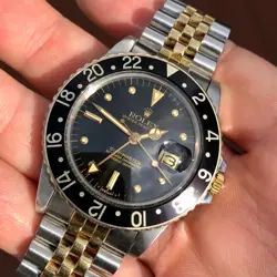 ROLEX GMT MASTER 16753 BLACK NIPPLE TWO TONE JUBILEE AUTOMATIC 40MM WRISTWATCH