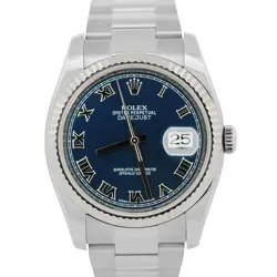 MINT ROLEX DATEJUST BLUE ROMAN STAINLESS STEEL OYSTER 18K GOLD 36MM 116234 WATCH