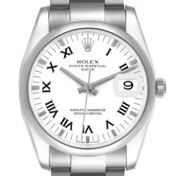 2017 Men's Rolex 34mm Date Stainless Steel Watch with White Dial & Smooth Bezel.