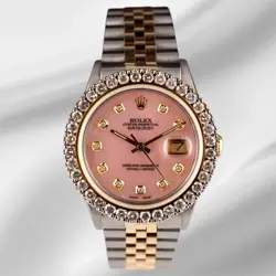 ROLEX MENS DATEJUST 36MM 18K YG & STEEL ICED 2.50CT DIAMOND PINK MOP DIAL WATCH