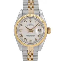 ROLEX DATEJUST 18KY SS LADIES CREAM PYRAMID ROMAN DIAL WATCH JUBILEE 69173 26MM