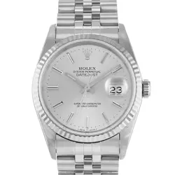 ROLEX DATEJUST 36 16234 SILVER INDEX STEEL WHITE GOLD JUBILEE MENS WATCH 1991