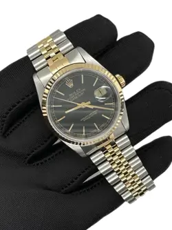 ROLEX DATEJUST 36MM TWO-TONE BLACK  STICK  DIAL FLUTED JUBILEE BAND 16233