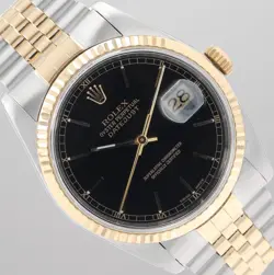 ROLEX MENS DATEJUST 36MM TWO TONE BLACK INDEX DIAL FLUTED JUBILEE BRACELET 16233