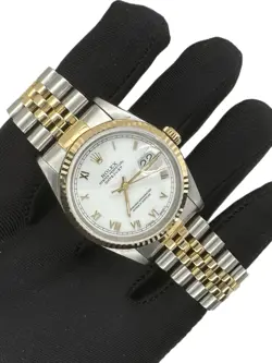 ROLEX DATEJUST 36MM TWO-TONE WHITE ROMAN DIAL FLUTED JUBILEE BAND 16233