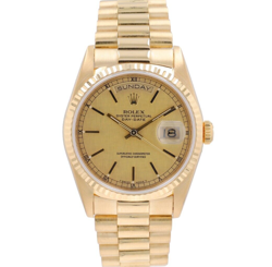 ROLEX DAY-DATE 18238 36MM CHAMPAGNE LINEN INDEX DIAL FLUTED BEZEL PRESIDENT BAND