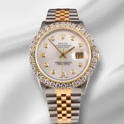 ROLEX MEN'S DATEJUST 36MM YG & STEEL ICED 2.50CT DIAMONDS WHITE MOP DIAL WATCH