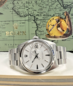 MENS ROLEX OYSTER PERPETUAL DATE STAINLESS STEEL RARE WHITE DIAL 34MM WATCH