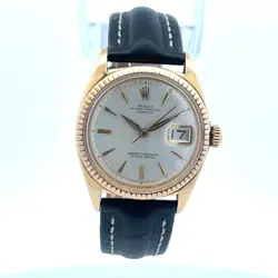 ROLEX DATEJUST 36MM 18K YELLOW GOLD CREAM LINEN DIAL BLACK LEATHER BAND 6605