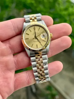 1990 ROLEX DATEJUST 16233 CHAMPAGNE STICK DIAL JUBILEE 36MM W/ BOX & PAPERS