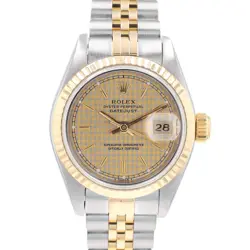 ROLEX DATEJUST 18KY SS LADIES WATCH HOUNDSTOOTH DIAL W/ BOX & PAPER 69173 26MM