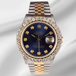 ROLEX MEN'S DATEJUST 36MM YG & STEEL ICED 2.50CT DIAMONDS DARK BLUE DIAL WATCH