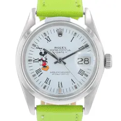 ROLEX DATE UNISEX WATCH WHITE DIAL W/ MOUSE MOTIF LEATHER BAND 34MM