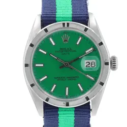 ROLEX DATE 1500 SIZE WATCH GREEN INDEX DIAL W/ BLUE & GREEN NYLON BAND 34MM