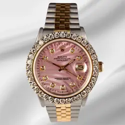 ROLEX MEN'S DATEJUST 36MM YG & STEEL ICED 2.50CT DIAMONDS PINK PALM DIAL WATCH