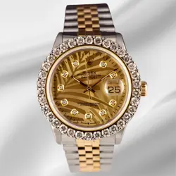 ROLEX MEN'S DATEJUST 36MM YG & STEEL ICED 2.50CT DIAMONDS PALM MOTIF DIAL WATCH