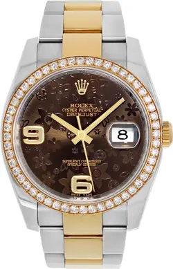 ROLEX DATEJUST IN 18K & STAINLESS STEEL FLOWER DIAL WITH ORIGINAL DIAMOND BEZEL