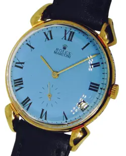 VINTAGE ROLEX MARCONI TIFFANY BLUE DIAL SPIDER LUGS 18K GOLD PLATED MENS WATCH