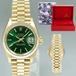 LADIES ROLEX DATEJUST PRESIDENT 26MM 69178 YELLOW GOLD GREEN DIAL WATCH BOX
