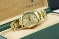 GENTS ROLEX 15505 GOLD PLATED OYSTER PERPETUAL DATE 34MM FACTORY CHAMPAGNE BATON