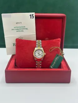 ROLEX DATEJUST 69173 26MM WHITE ROMAN 18K YELLOW GOLD & STEEL 1991 BOX & PAPERS