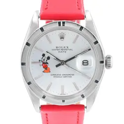 ROLEX DATE UNISEX WATCH WHITE DIAL W/ MOUSE MOTIF RED LEATHER BAND 34MM