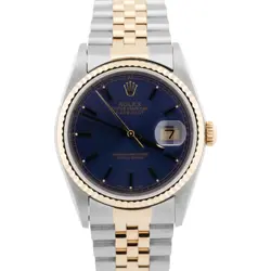 ROLEX DATEJUST 36MM BLUE DIAL YELLOW GOLD JUBILEE STAINLESS STEEL WATCH 16233