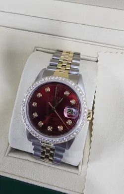 ROLEX DATEJUST JUBILEE BRACELET 18K SS  W/ RED DIAMOND DIAL & LAB DIAMOND BEZEL!