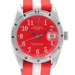 ROLEX DATE 1500 SIZE WATCH RED ARABIC DIAL W/ RED & WHITE NYLON BAND 34MM