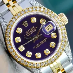 ROLEX WOMENS DATEJUST 18KY GOLD & STEEL WATCH PURPLE DIAL DIAMOND BEZEL 26MM
