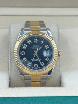 ROLEX STEEL AND YELLOW GOLD DATEJUST II 41 WATCH - FLUTED BEZEL - BLACK DIAL - O