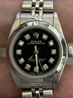 ROLEX OYSTER PERPETUAL 25MM STAINLESS STEEL WATCH BLACK DIAMOND DIAL REF: 62510D