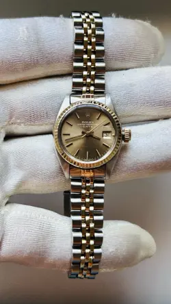 ROLEX DATE 69173 GOLD AND SILVER JUBILEE BRACELET WITH BROWN CHOCOLATE BEZEL