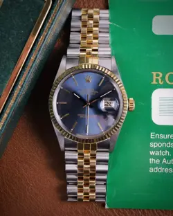 ROLEX DATEJUST 16013 BLUE UNPOLISHED 1987 BOX PAPERS SHARP 18K GOLD JUBILEE 36MM