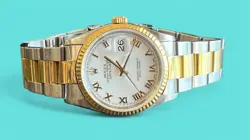 ROLEX 36MM 18K HALF YELLOW GOLD IVORY PYRAMID ROMAN DIAL DATEJUST RE (SS2144760)